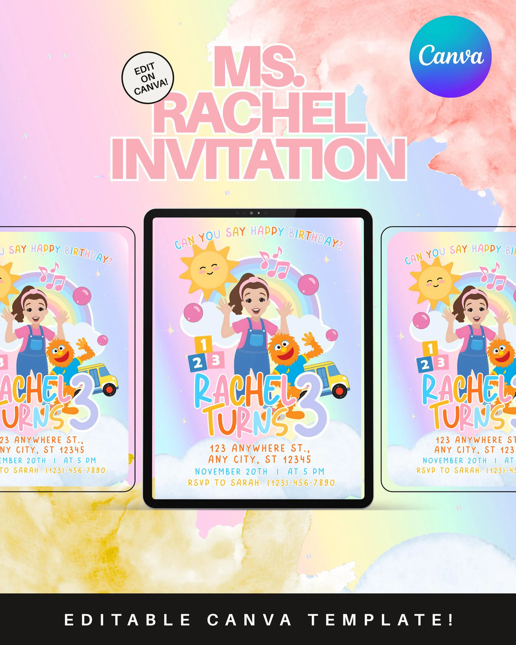 Editable Ms. Rachel Invitation | Kids Birthday Invitation | Digital Template