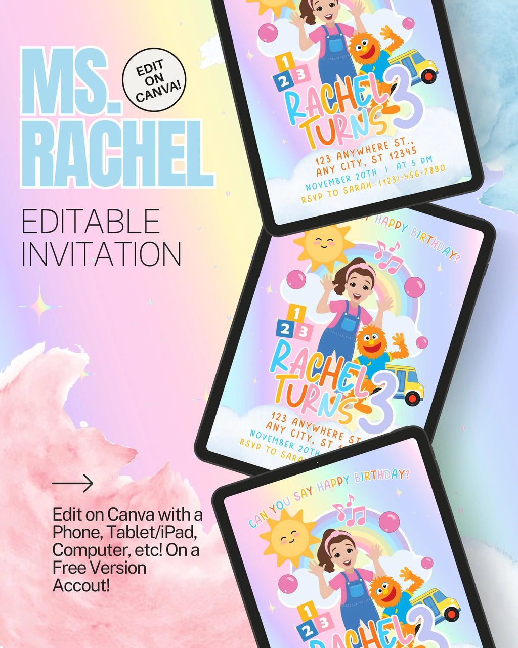 Editable Ms. Rachel Invitation | Kids Birthday Invitation | Digital Template