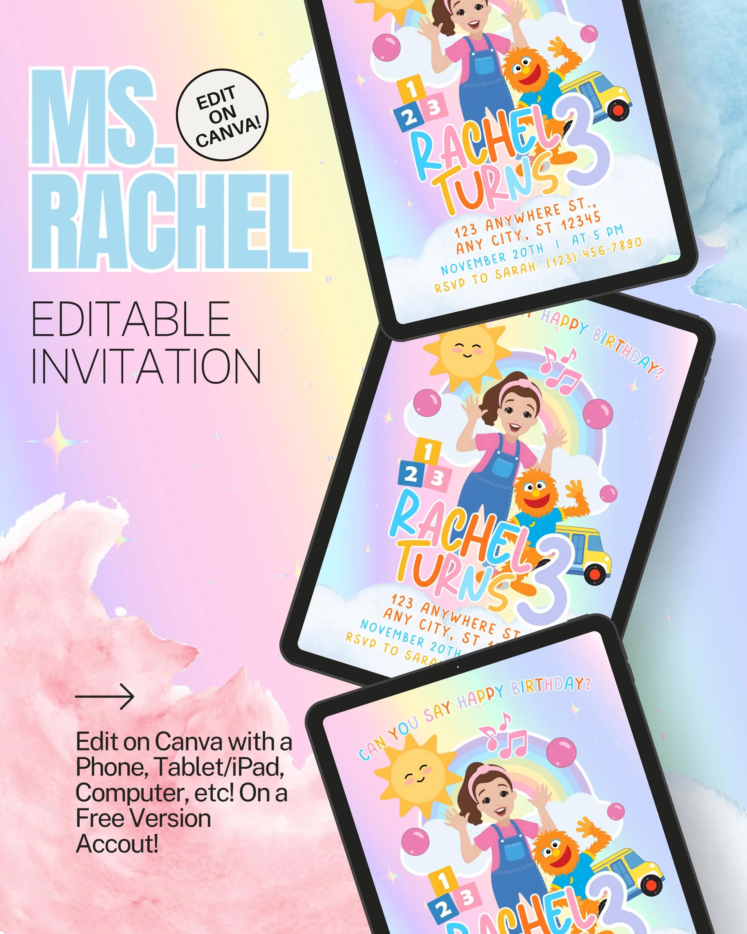 Editable Ms. Rachel Invitation | Kids Birthday Invitation | Digital Template